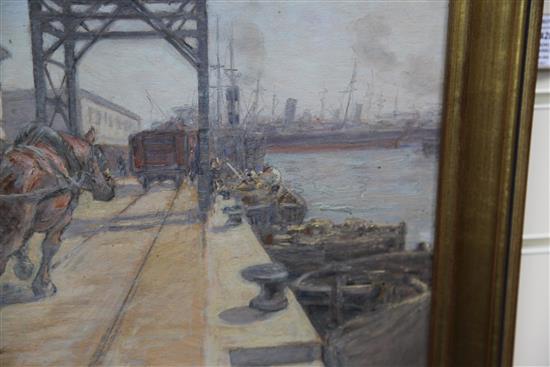 § Alessandro Viazzi (1872-1956), oil on board, Harbour scene with horses hauling wagons